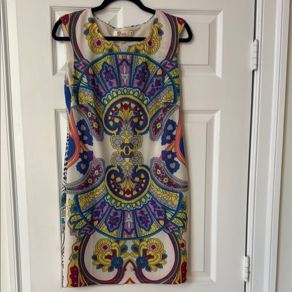 Aryeh Blue and Yellow Sleeveless Sheath Mini Dress